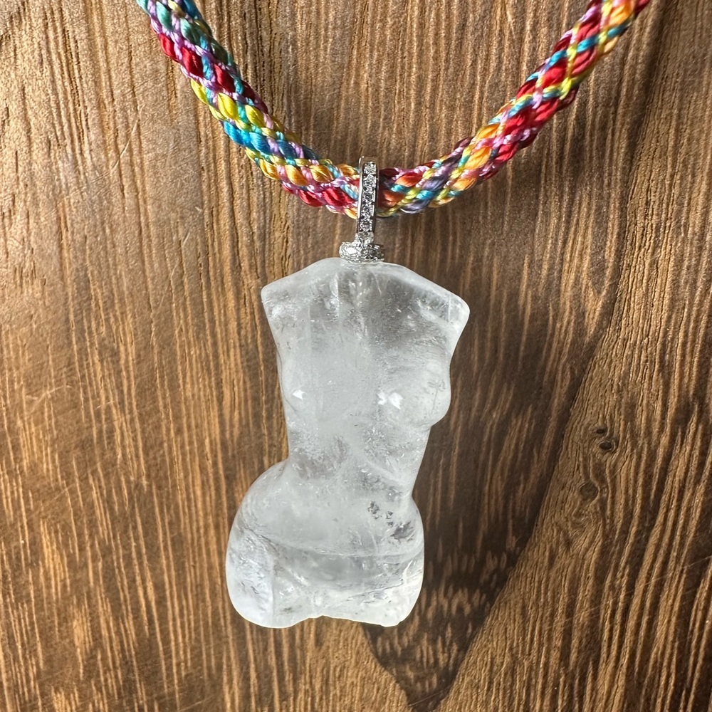 Clear Quartz Lady Body Carving Pendant Necklace on Multicolor Rope, Silver Bail - Picture 1 of 14